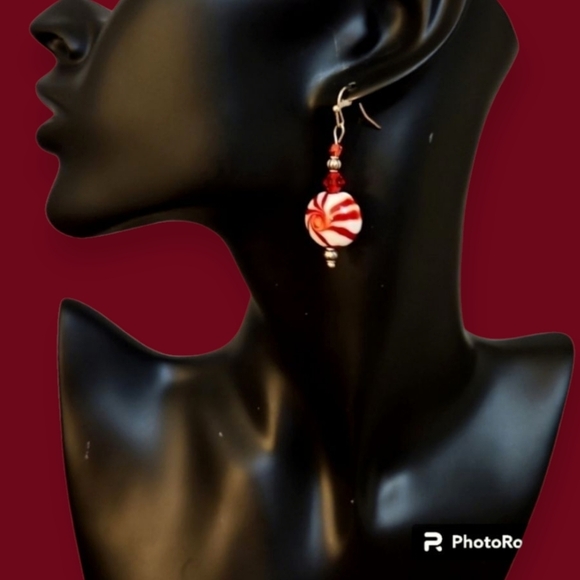 Hand Crafted Jewelry - HANDMADE Glass Peppermint Swarovski Crystal Beaded Holiday Dangle Earrings